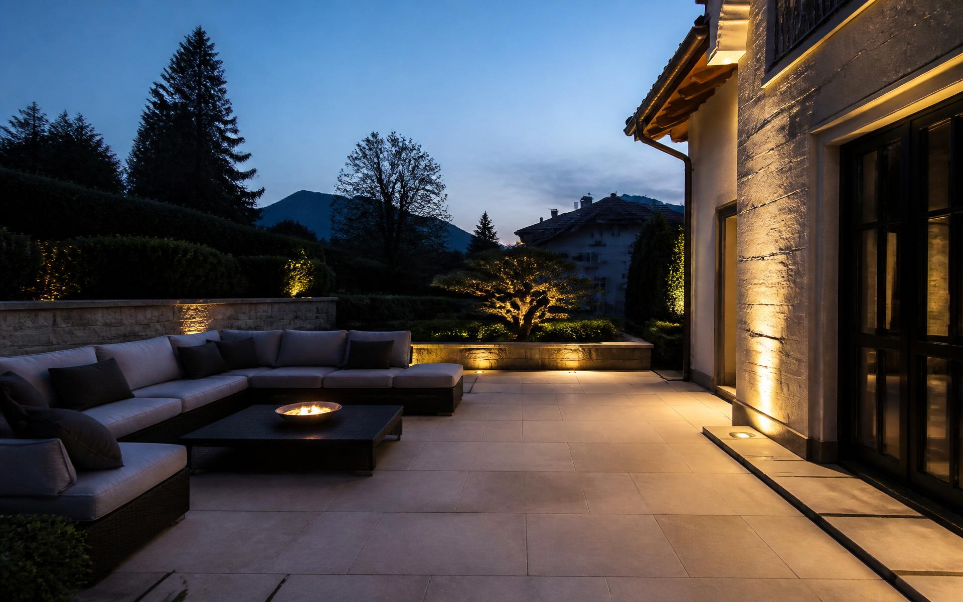 Hochwertige Terrasse mit Naturstein-Beleuchtung in einem Münchner Privatgarten bei Abendlicht